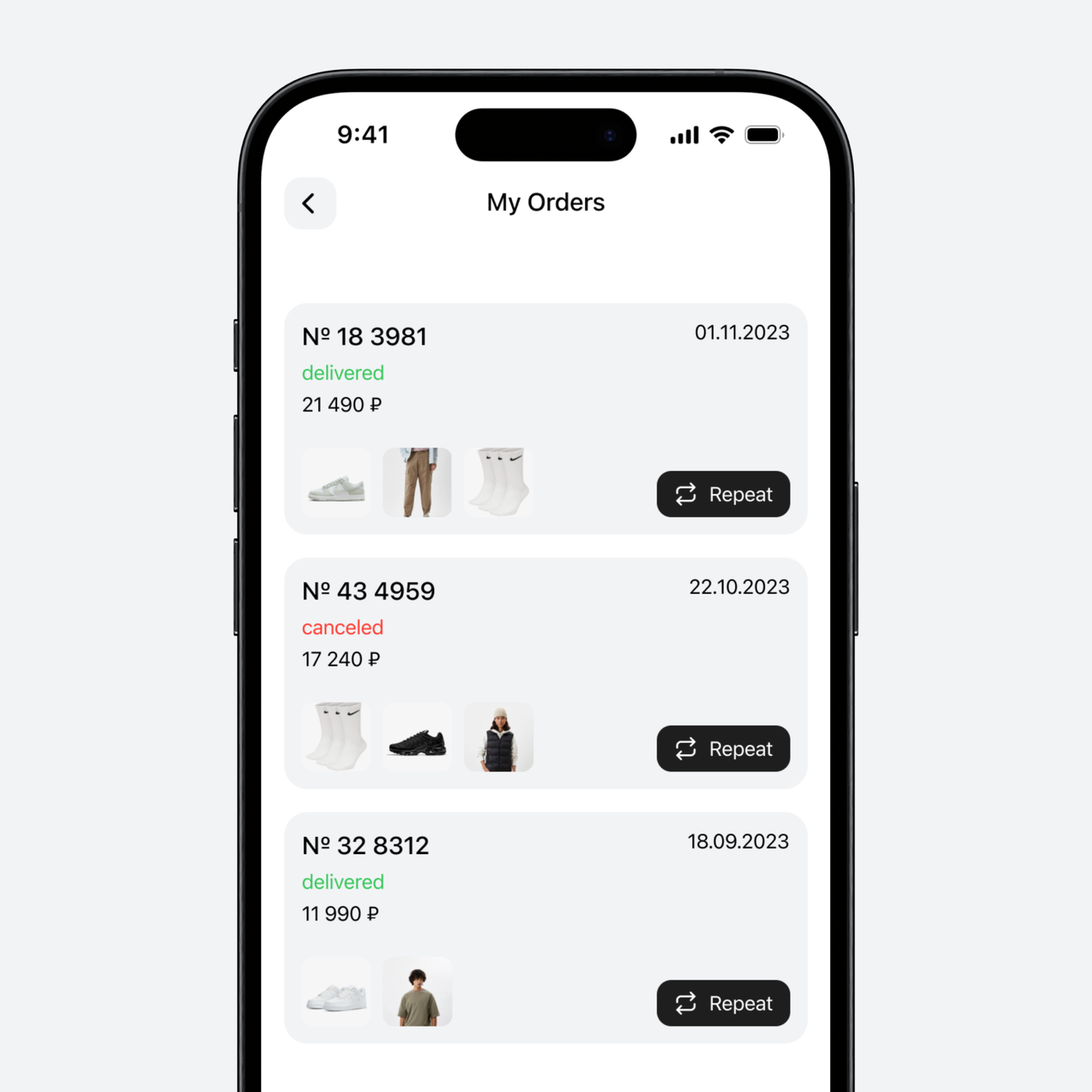 Shopping order history with delivery statuses and repeat-order actions