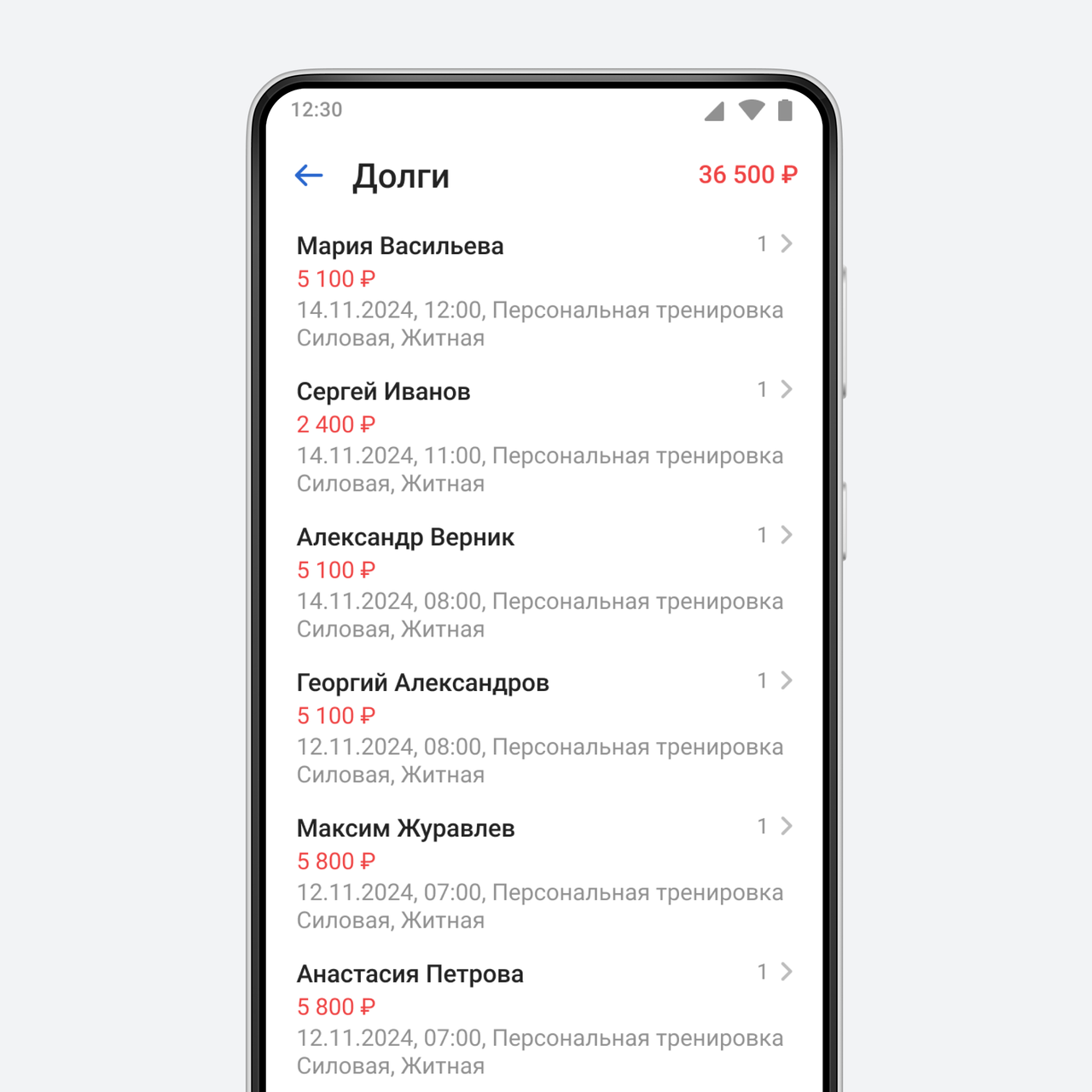 Trainer Android app — outstanding payments grouped by client